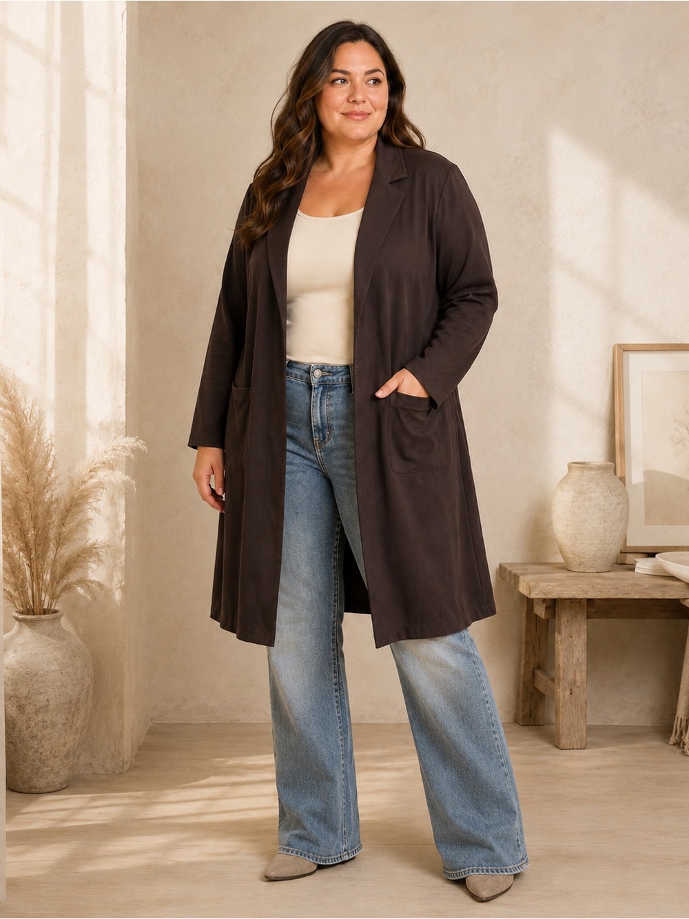 Plus Long Open Front Duster Cardigan in Dark Brown